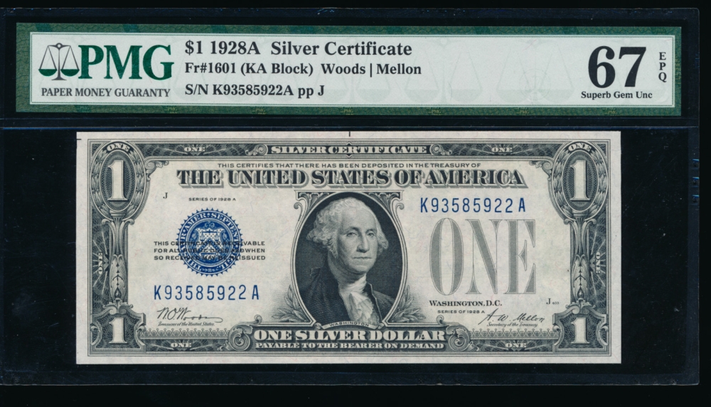 Fr. 1601 1928D $1  Silver Certificate KA block PMG 67EPQ K93585922A