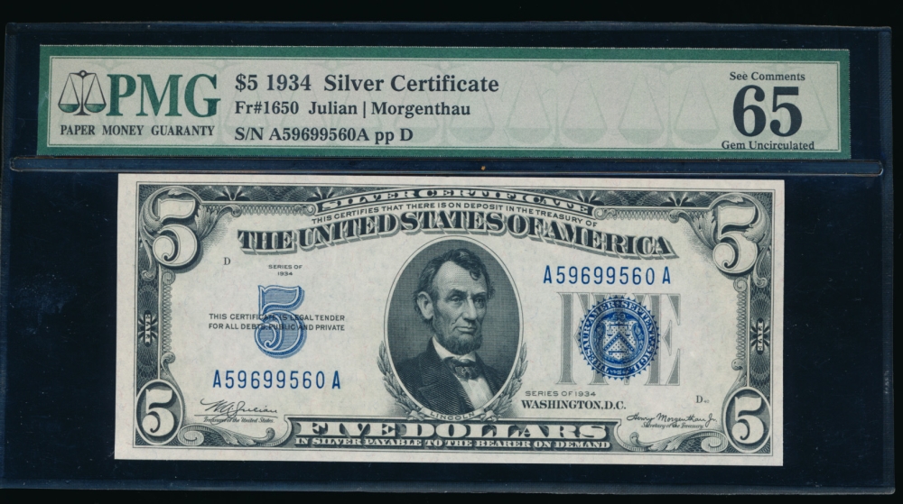Fr. 1650 1934 $5  Silver Certificate AA block PMG 65EPQ A59699560A