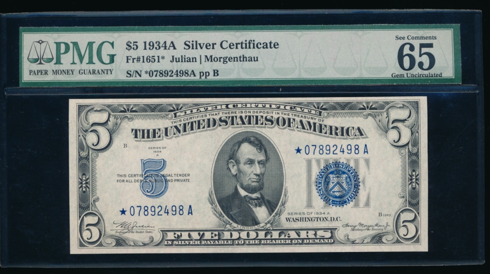 Fr. 1651 1934A $5  Silver Certificate *A block PMG 65EPQ *07892498A