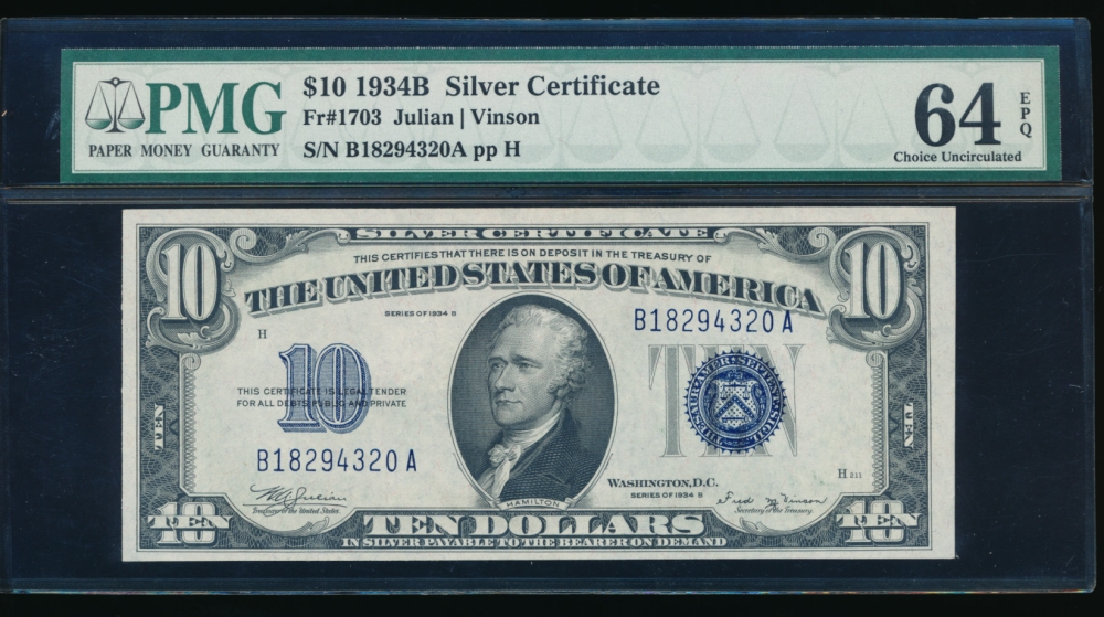 Fr. 1703 1934B $10  Silver Certificate  PMG 64EPQ B18294320A