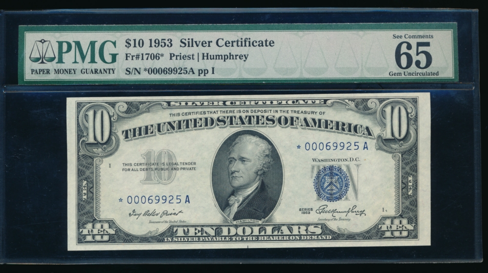 Fr. 1706 1953 $10  Silver Certificate *A block PMG 65EPQ *00069925A