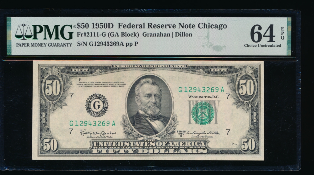 Fr. 2111-G 1950D $50  Federal Reserve Note Chicago PMG 64EPQ G12943269A