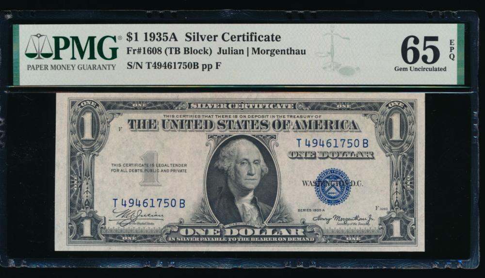 Fr. 1608 1935A $1  Silver Certificate TB block PMG 65EPQ T49461750B