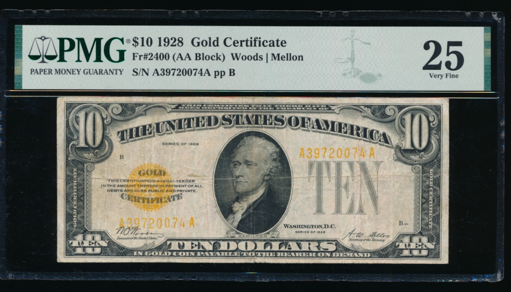 Fr. 2400 1928 $10  Gold Certificate AA block PMG 25 A39720074A