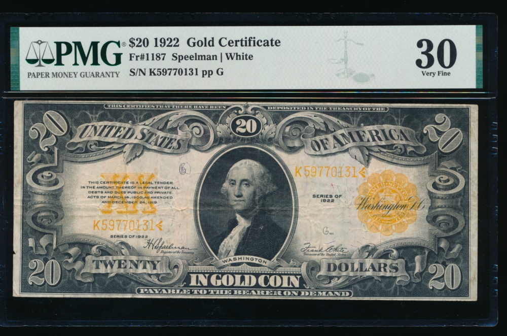 Fr. 1187 1922 $20  Gold Certificate  PMG 30 K59770131