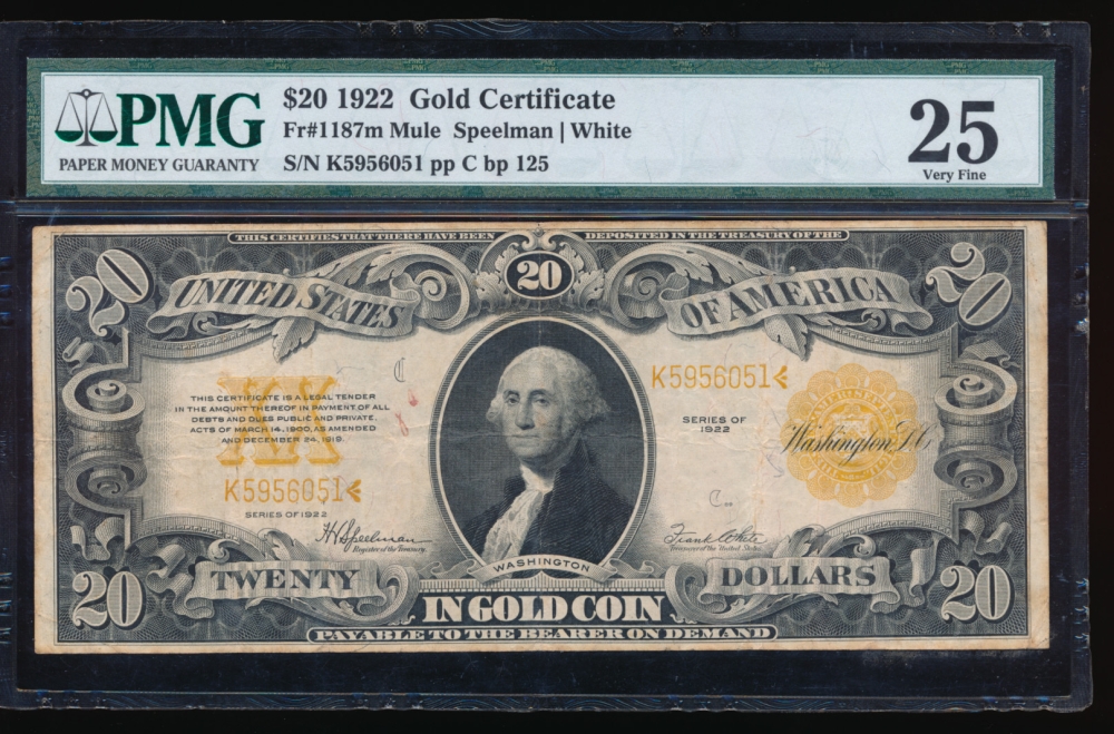 Fr. 1187 1922 $20  Gold Certificate mule PMG 25 comment K5956051