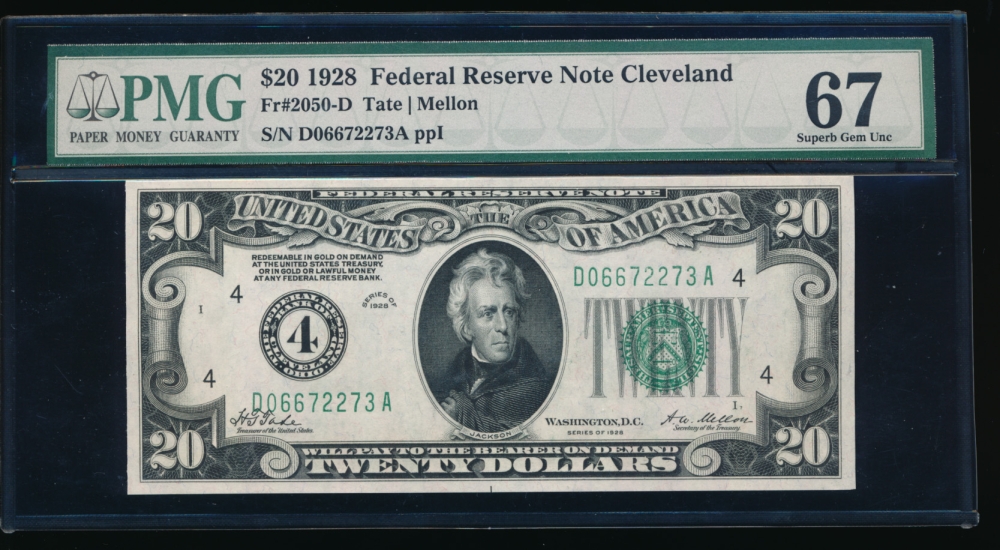 Fr. 2050-D 1928 $20  Federal Reserve Note Cleveland PMG 67EPQ D06672273A obverse