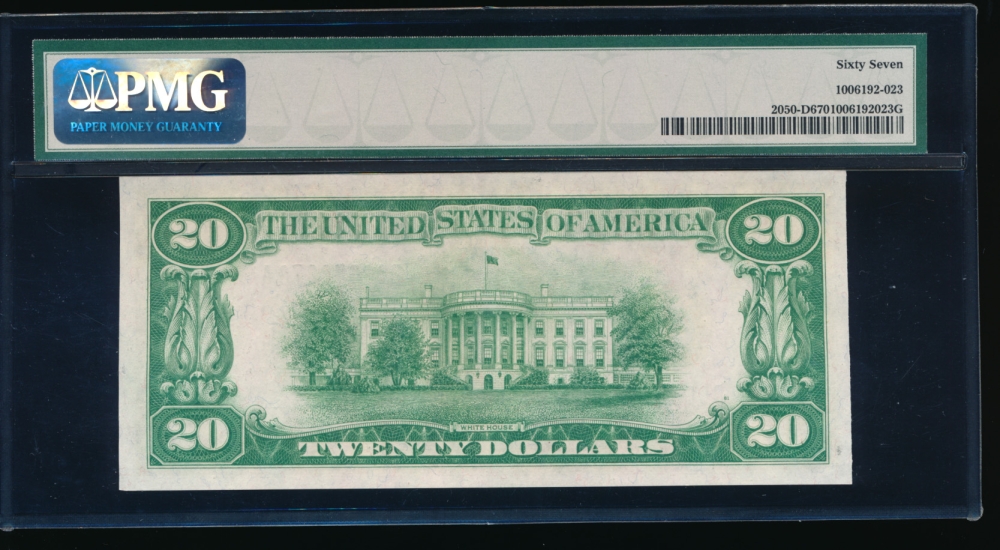 Fr. 2050-D 1928 $20  Federal Reserve Note Cleveland PMG 67EPQ D06672273A reverse