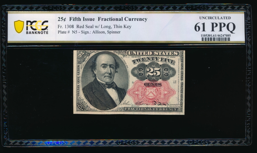 Fr. 1308 1875 $0.25  Fractional Fifth Issue: Long, Thin Key PCGS 61PPQ no serial number