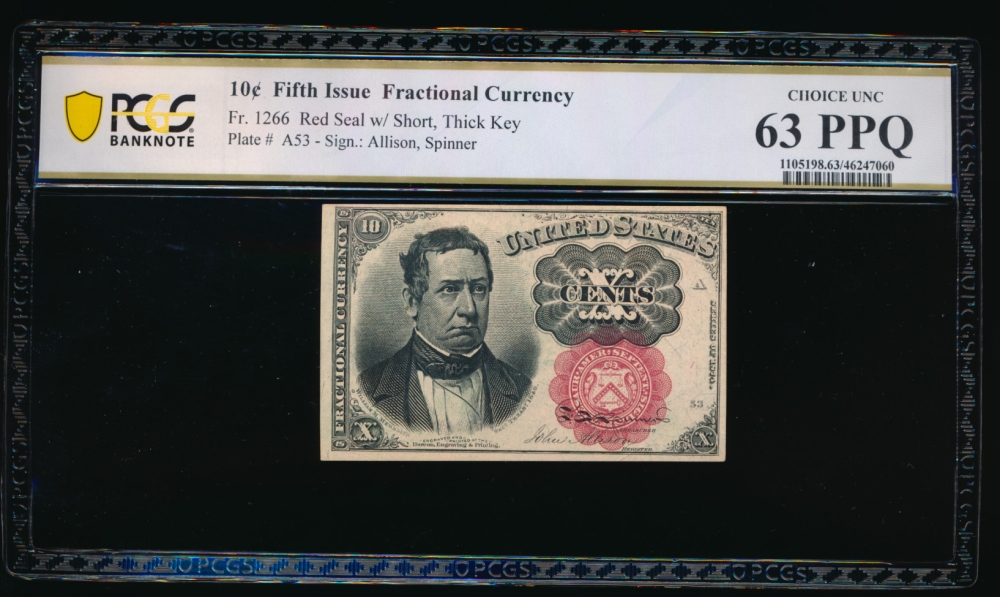 Fr. 1266  $0.10  Fractional Fifth Issue: Long, Thin Key PCGS 63PPQ no serial number