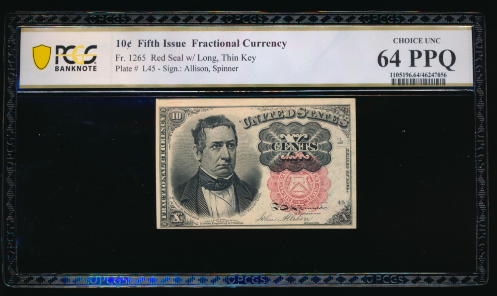 Fr. 1265  $0.10  Fractional Fifth Issue: Long, Thin Key PCGS 64PPQ no serial number