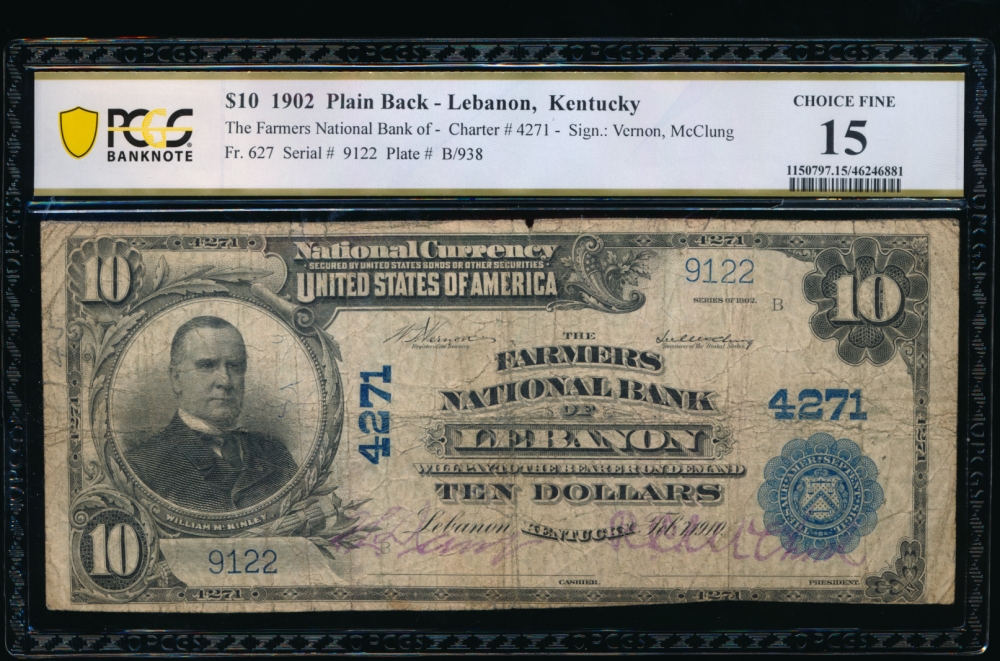 Fr. 627 1902 $10  National: Plain Back Ch #4271 The Farmers National Bank of Lebanon, Kentucky PCGS 15 comment 7122