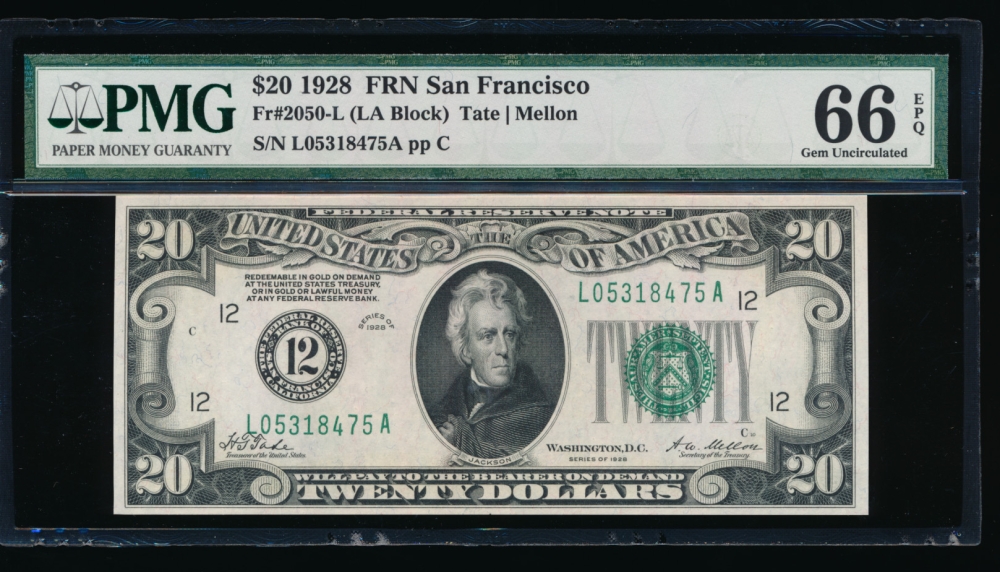Fr. 2050-L 1928 $20  Federal Reserve Note San Francisco PMG 66EPQ L05318475A