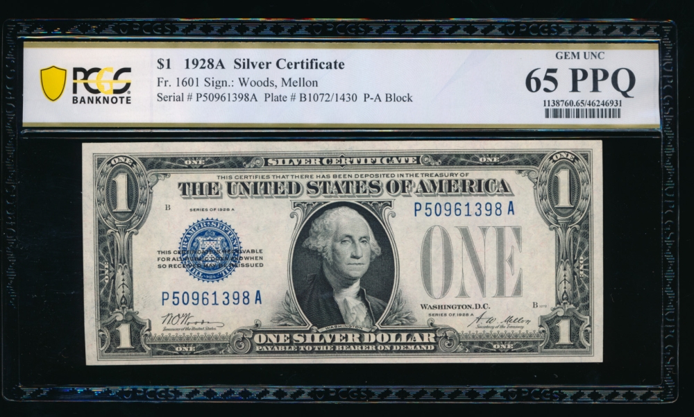 Fr. 1601 1928A $1  Silver Certificate PA block PCGS 65PPQ P50961398A