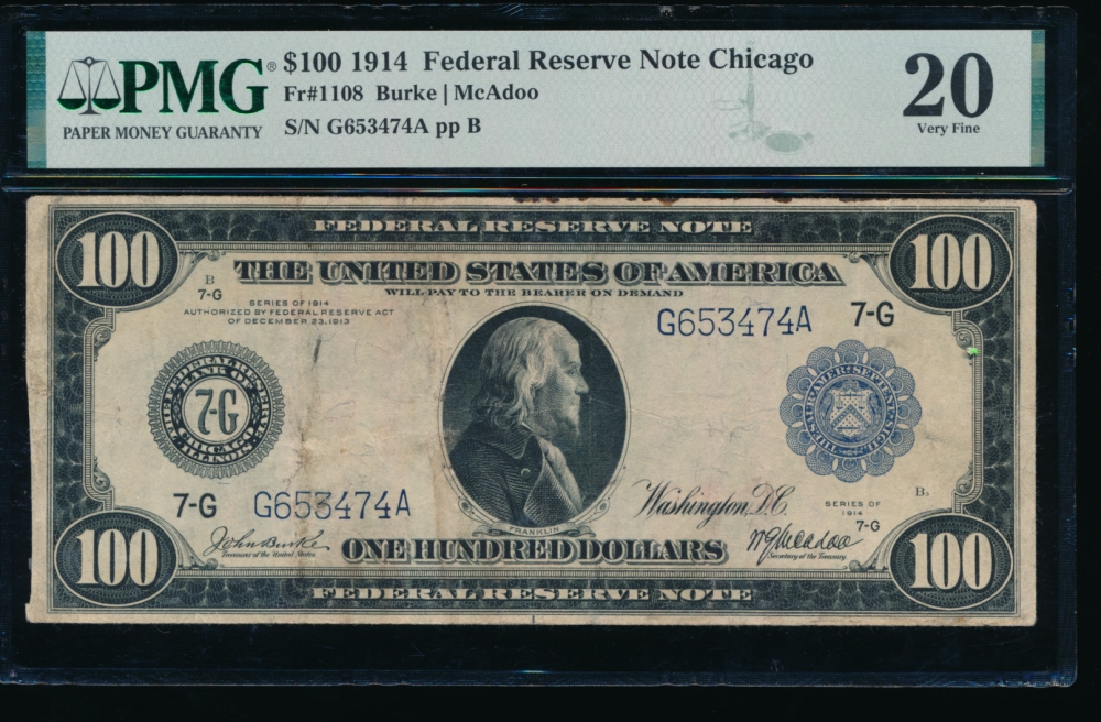 Fr. 1108 1914 $100  Federal Reserve Note Chicago PMG 20 G653474A