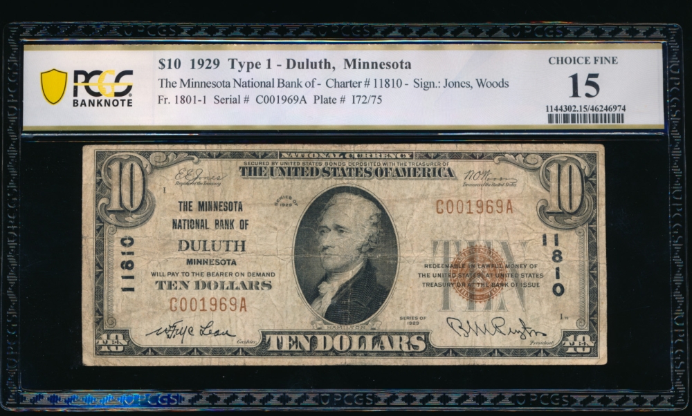 Fr. 1801-1 1929 $10  National: Type I Ch #11810 The Minnesota National Bank of Duluth, Minnesota PCGS 15 C001969A