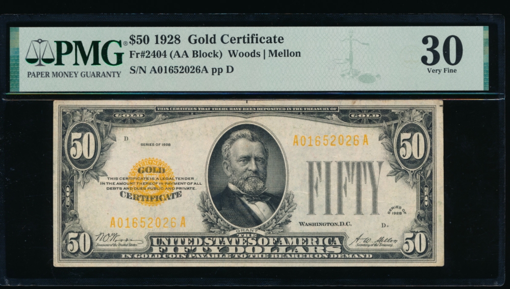 Fr. 2404 1928 $50  Gold Certificate  PMG 30 A01652026A