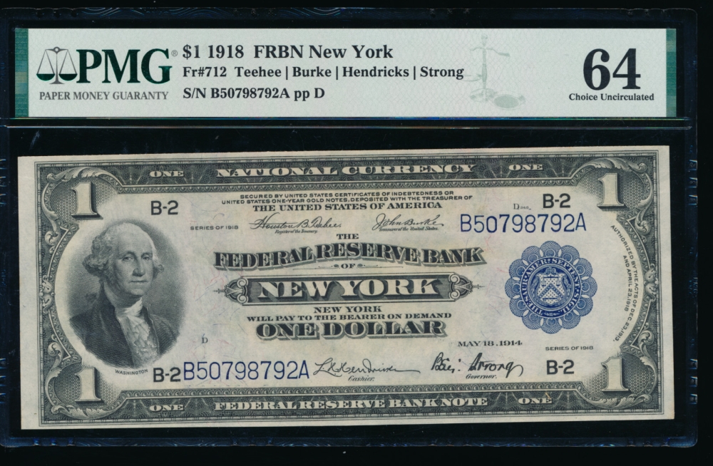 Fr. 712 1918 $1  FRBN New York PMG 64 B50798792A