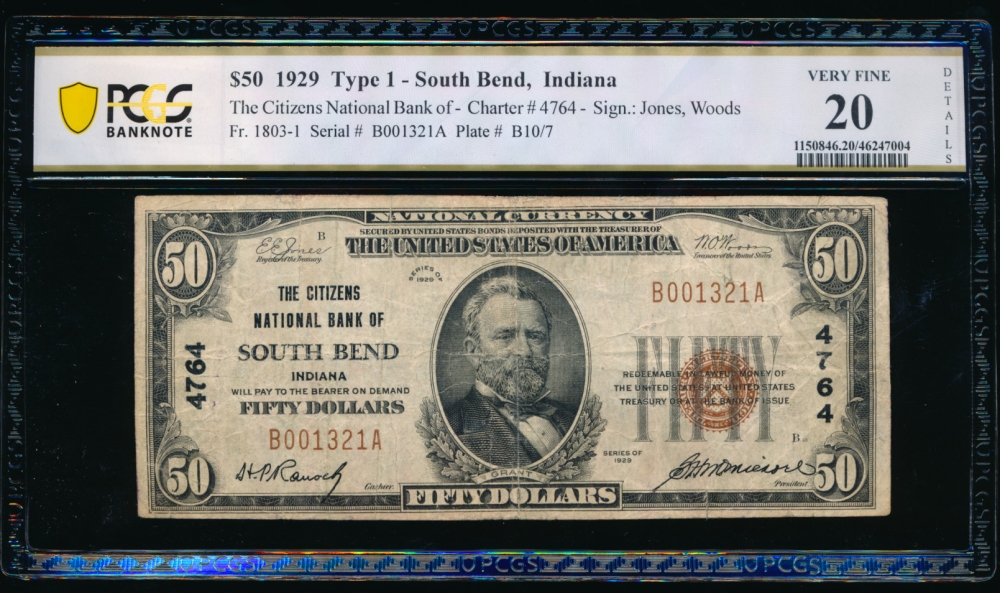 Fr. 1803-1 1929 $50  National: Type I Ch #4764 The Citizens National Bank of South Bend, Indiana PCGS 20 details B001321A