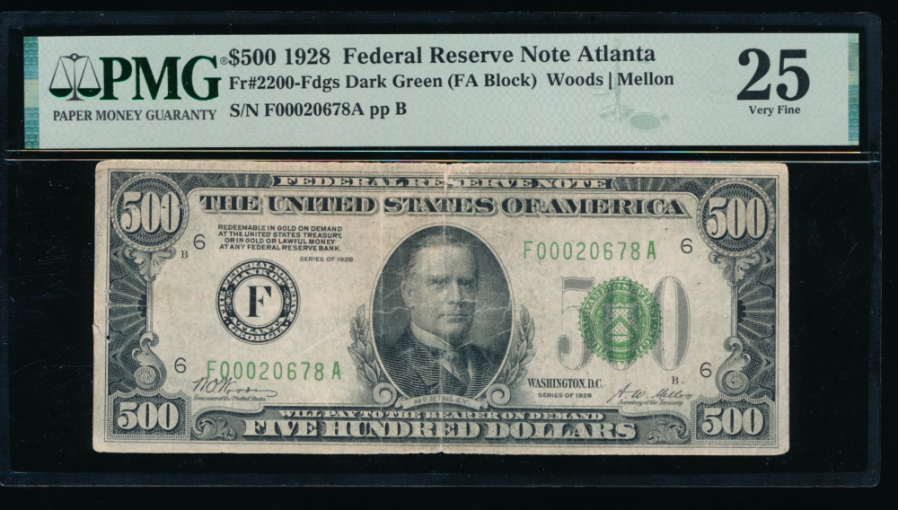Fr. 2200-F 1928 $500  Federal Reserve Note Atlanta PMG 25 comment F00020678A