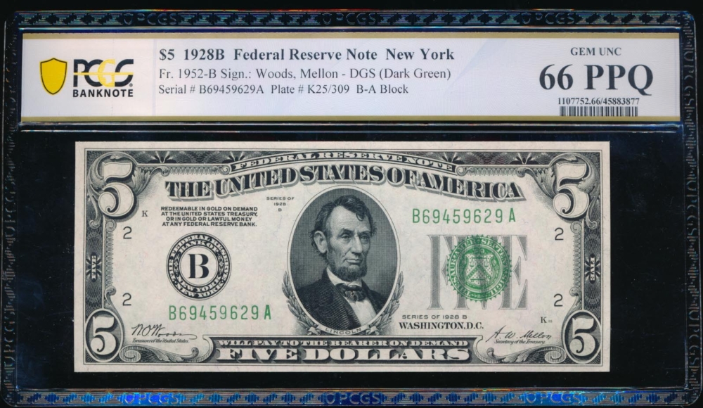 Fr. 1952-B 1928B $5  Federal Reserve Note New York PCGS 66PPQ B69459629A
