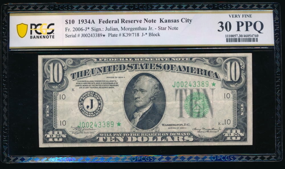 Fr. 2006-J 1934A $10  Federal Reserve Note Kansas City star PCGS 30PPQ J00243389*