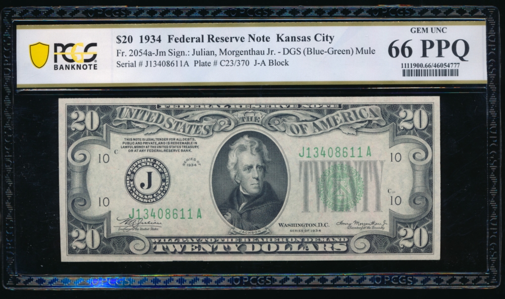 Fr. 2054-J 1934 $20  Federal Reserve Note Kansas City mule PCGS 66PPQ J13408611A