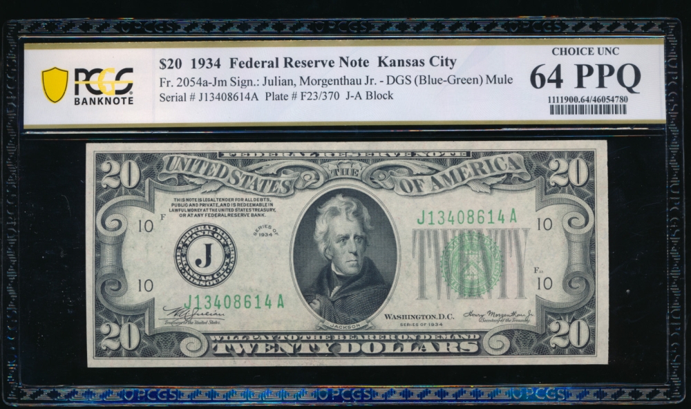 Fr. 2054-J 1934 $20  Federal Reserve Note Kansas City mule PCGS 64PPQ J13408614A