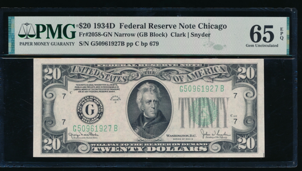 Fr. 2058-G 1934D $20  Federal Reserve Note Narrow, GB block PMG 65EPQ G50961927B