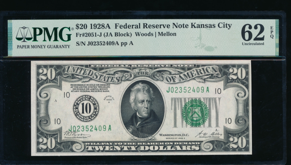Fr. 2051-J 1928A $20  Federal Reserve Note Kansas City PMG 62EPQ J02352409A