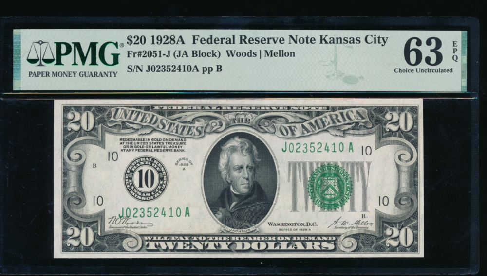 Fr. 2051-J 1928A $20  Federal Reserve Note Kansas City PMG 63EPQ J02352410A