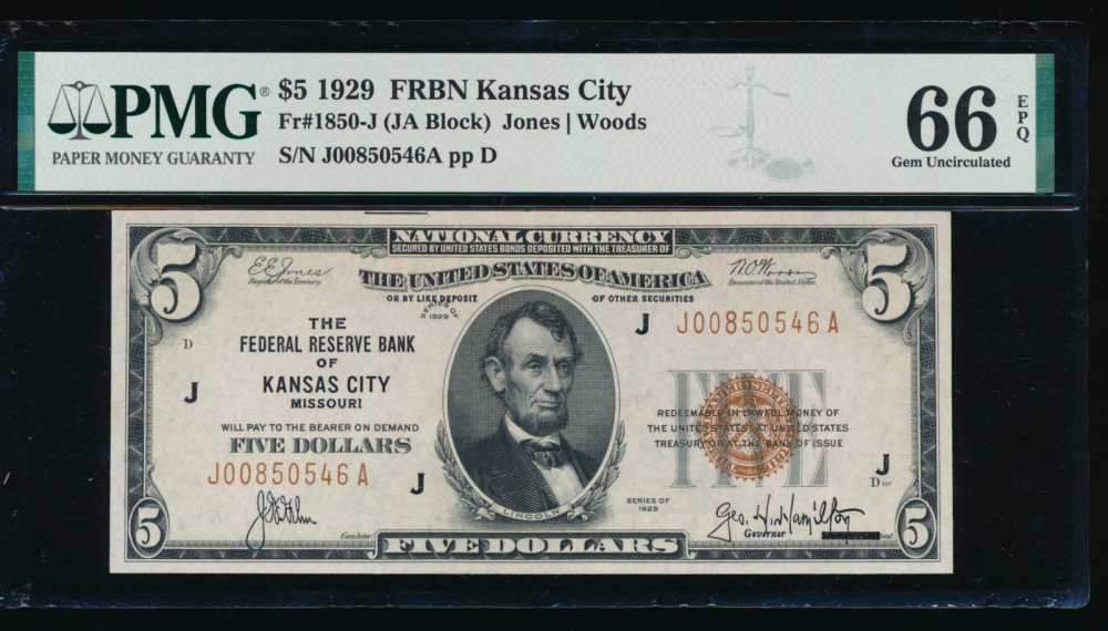 Fr. 1850-J 1929 $5  FRBN Kansas City PMG 66EPQ J00850546A