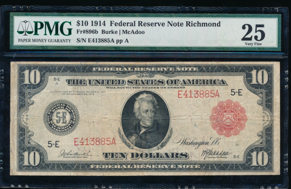 Fr. 896b 1914 $10  Federal Reserve Note Richmond red seal PMG 25 E413885A