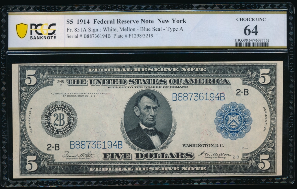 Fr. 851a 1914 $5  Federal Reserve Note New York PCGS 64 B88736194B