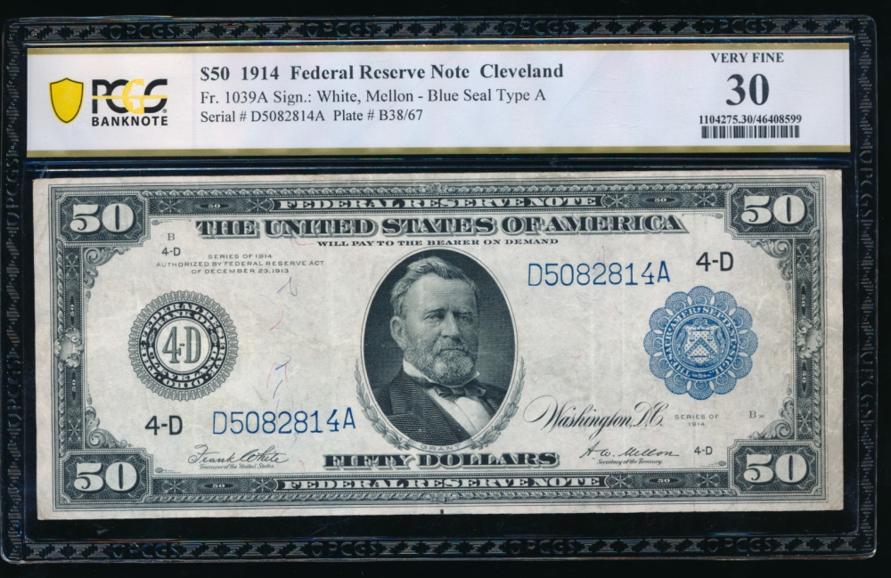 Fr. 1039a 1914 $50  Federal Reserve Note Cleveland PCGS 30 D5082814A