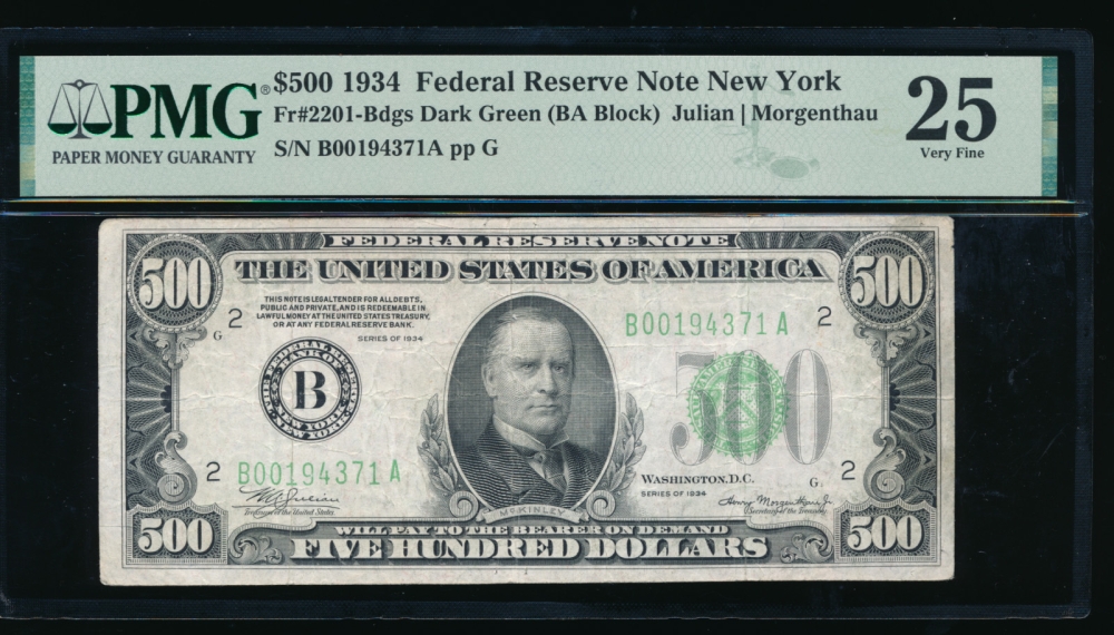 Fr. 2201-B 1934 $500  Federal Reserve Note New York PMG 25 B00194371A
