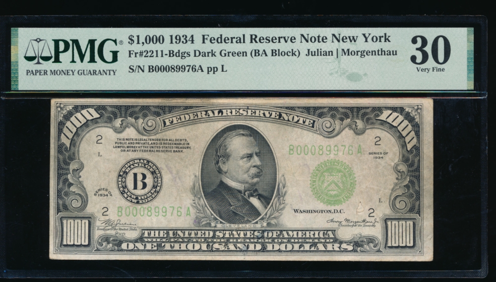 Fr. 2211-B 1934 $1,000  Federal Reserve Note New York PMG 30 comment B00089976A