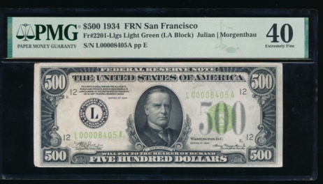 Fr. 2201-L 1934 $500  Federal Reserve Note San Francisco LGS PMG 40 L00008405A
