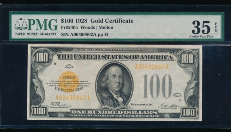 Fr. 2405 1928 $100  Gold Certificate  PMG 35EPQ A00499862A