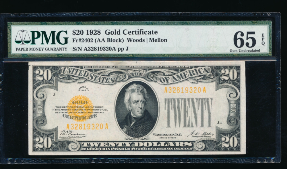 Fr. 2402 1928 $20  Gold Certificate  PMG 65EPQ A32819320A