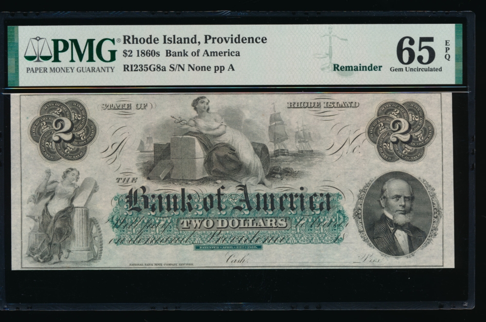 Fr. RI-235 G8a 1860s $2  Obsolete Bank of America, Rhode Island PMG 65EPQ no serial number