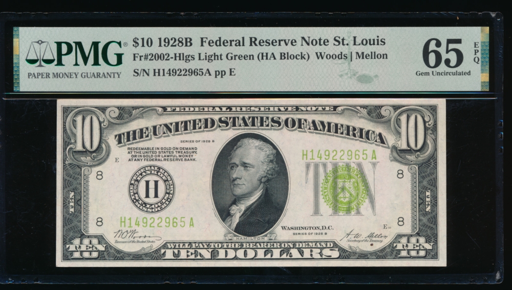 Fr. 2002-H 1928B $10  Federal Reserve Note Saint Louis LGS PMG 65EPQ H14922965A