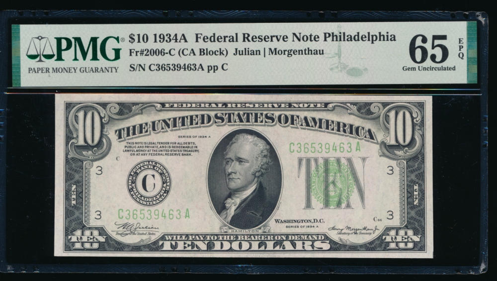 Fr. 2006-C 1934A $10  Federal Reserve Note Philadelphia PMG 65EPQ C36539463A