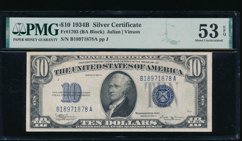 Fr. 1703 1928B $10  Silver Certificate BA block PMG 53EPQ B18971878A