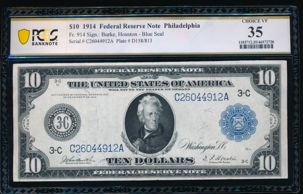Fr. 914 1914 $10  Federal Reserve Note Philadelphia PCGS 35 C26044912A