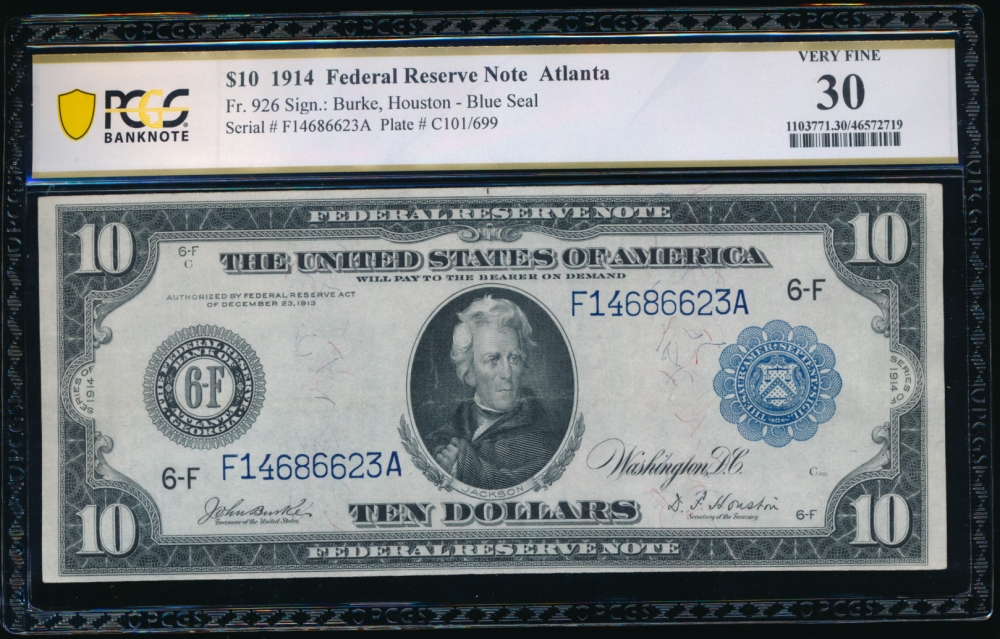 Fr. 926 1914 $10  Federal Reserve Note Atlanta PCGS 30 F14686623A