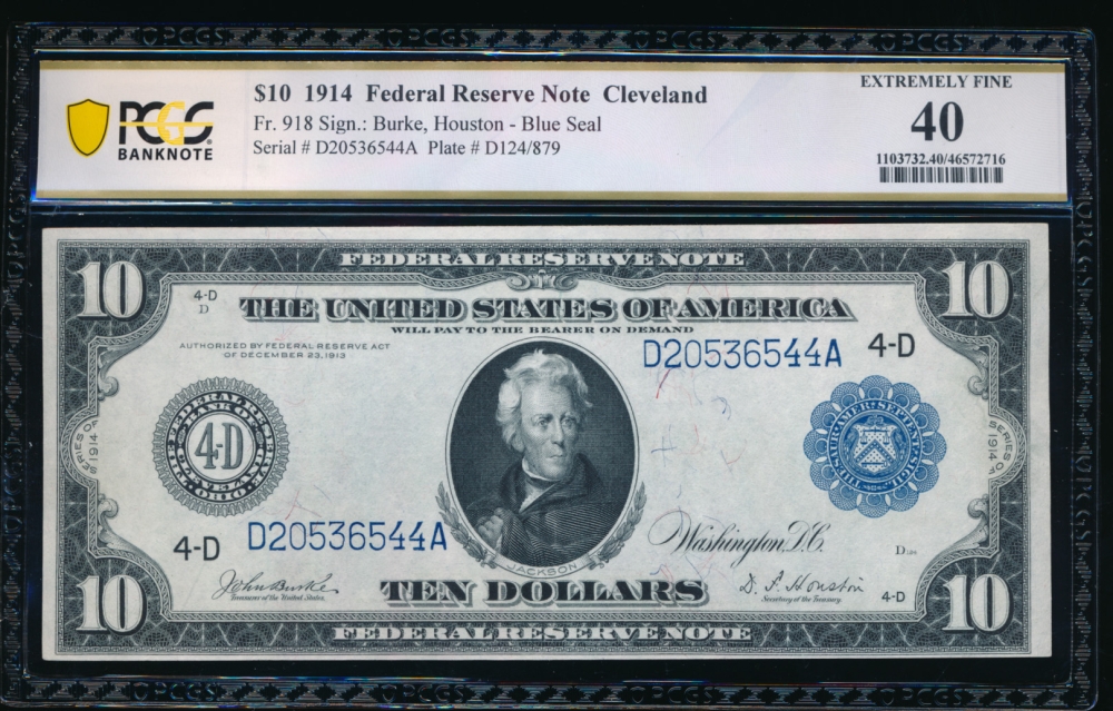 Fr. 918 1914 $10  Federal Reserve Note Cleveland PCGS 40 D20536544A