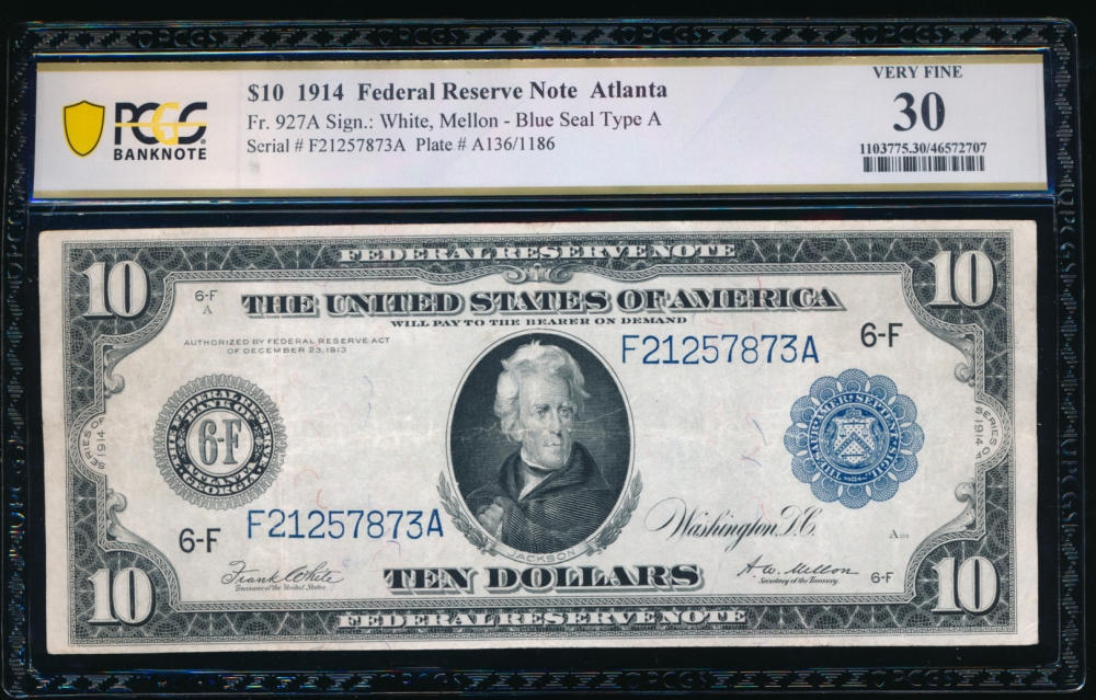 Fr. 927a 1914 $10  Federal Reserve Note Atlanta PCGS 30 F21257873A