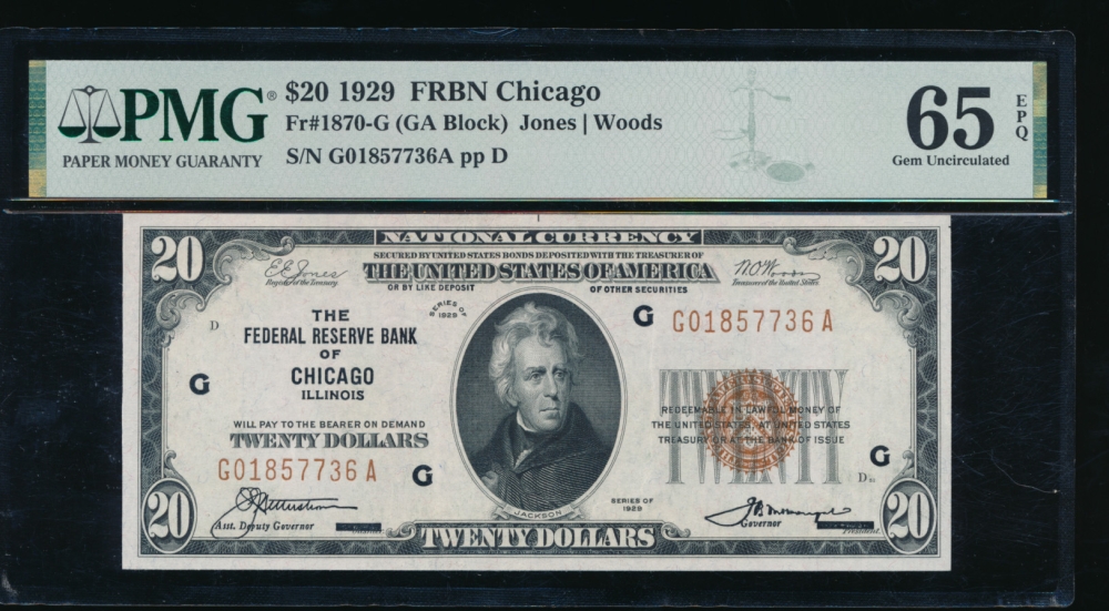 Fr. 1870-G 1929 $20  FRBN Chicago PMG 65EPQ G01857736A