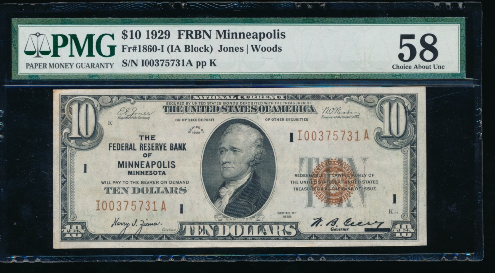 Fr. 1860-I 1929 $10  FRBN Minneapolis PMG 58 I00375731A
